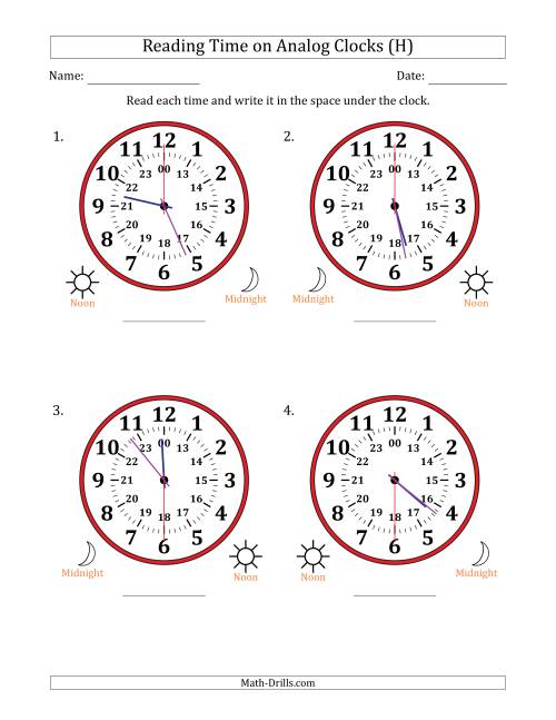 The Reading 24 Hour Time on Analog Clocks in 30 Second Intervals (4 Large Clocks) (H) Math Worksheet