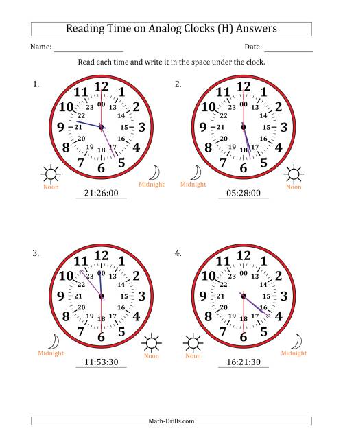 The Reading 24 Hour Time on Analog Clocks in 30 Second Intervals (4 Large Clocks) (H) Math Worksheet Page 2