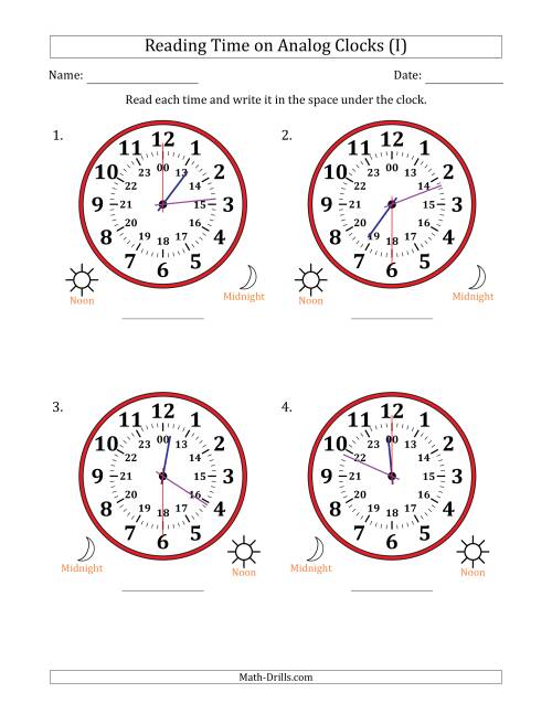The Reading 24 Hour Time on Analog Clocks in 30 Second Intervals (4 Large Clocks) (I) Math Worksheet