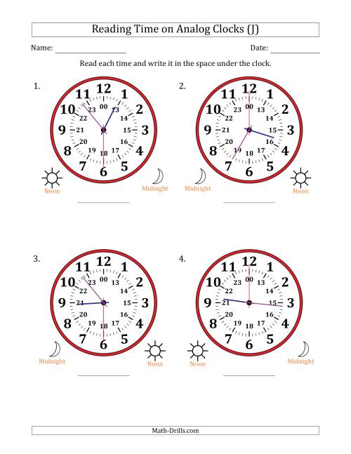 The Reading 24 Hour Time on Analog Clocks in 30 Second Intervals (4 Large Clocks) (J) Math Worksheet