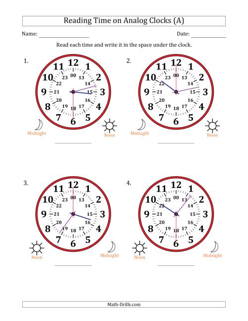 The Reading 24 Hour Time on Analog Clocks in 30 Second Intervals (4 Large Clocks) (All) Math Worksheet