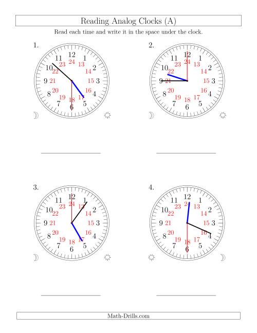 The Reading Time on 24 Hour Analog Clocks in 30 Second Intervals (Large Clocks) (Old) Math Worksheet