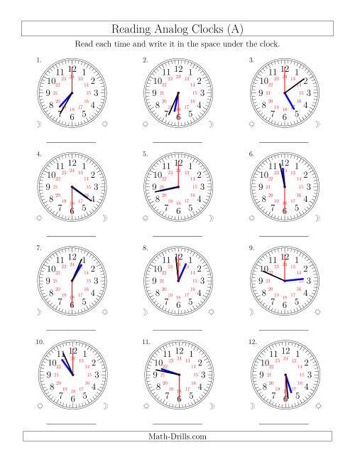 The Reading Time on 24 Hour Analog Clocks in 30 Second Intervals (Old) Math Worksheet