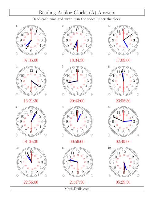 The Reading Time on 24 Hour Analog Clocks in 30 Second Intervals (Old) Math Worksheet Page 2