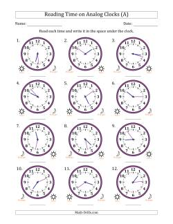 Reading 12 Hour Time on Analog Clocks in 1 Minute Intervals (12 Clocks)