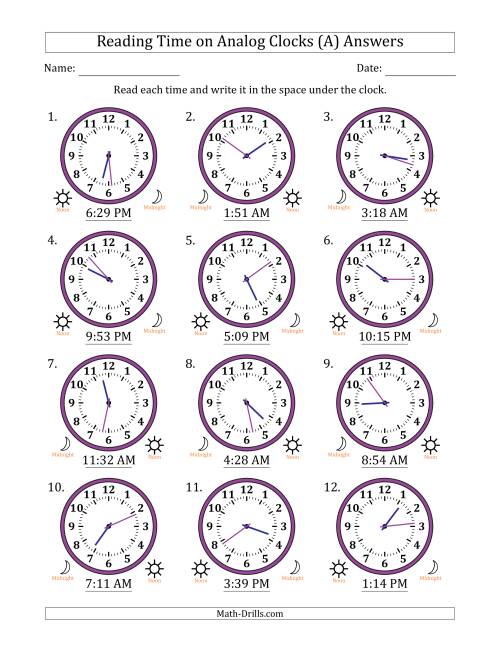 The Reading 12 Hour Time on Analog Clocks in 1 Minute Intervals (12 Clocks) (A) Math Worksheet Page 2