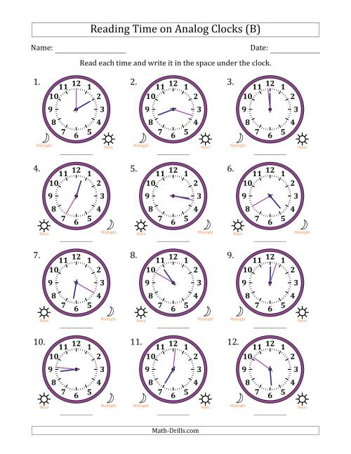 The Reading 12 Hour Time on Analog Clocks in 1 Minute Intervals (12 Clocks) (B) Math Worksheet