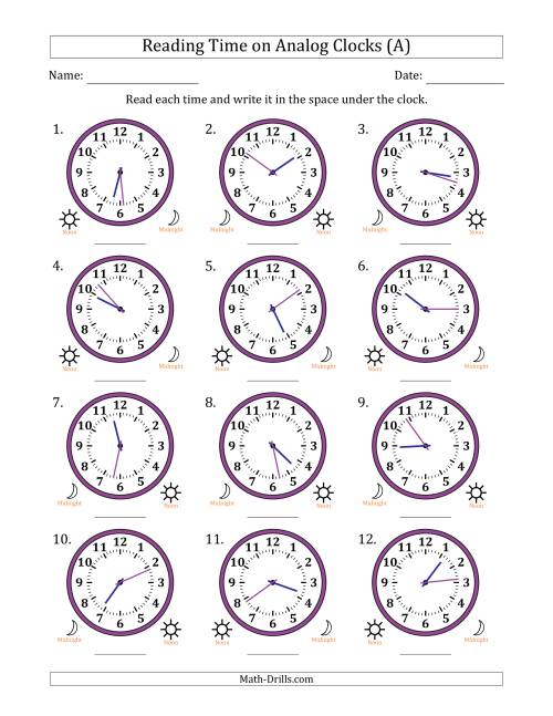 The Reading 12 Hour Time on Analog Clocks in 1 Minute Intervals (12 Clocks) (All) Math Worksheet