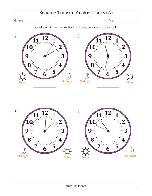 The Reading 12 Hour Time on Analog Clocks in 1 Minute Intervals (4 Large Clocks) (A) Math Worksheet