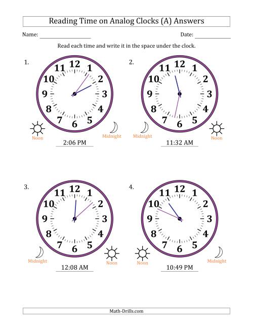 The Reading 12 Hour Time on Analog Clocks in 1 Minute Intervals (4 Large Clocks) (A) Math Worksheet Page 2