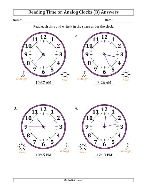 The Reading 12 Hour Time on Analog Clocks in 1 Minute Intervals (4 Large Clocks) (B) Math Worksheet Page 2