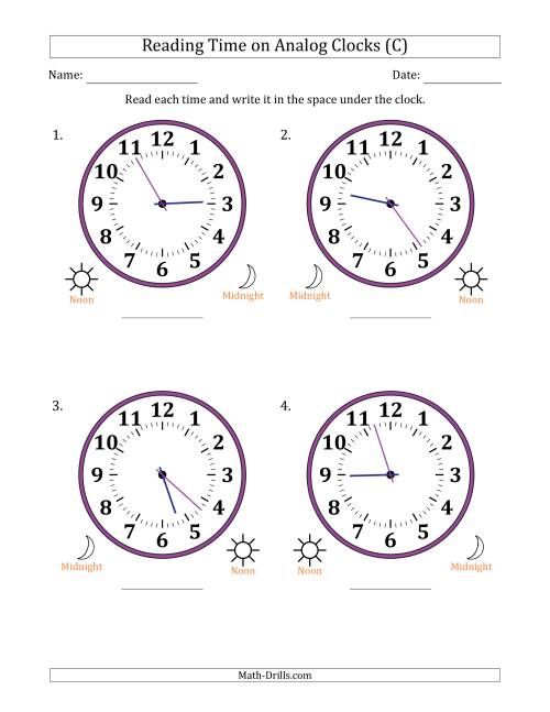 The Reading 12 Hour Time on Analog Clocks in 1 Minute Intervals (4 Large Clocks) (C) Math Worksheet