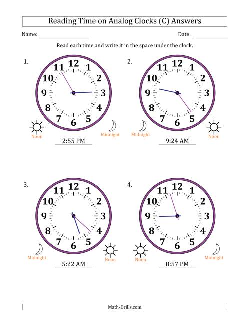 The Reading 12 Hour Time on Analog Clocks in 1 Minute Intervals (4 Large Clocks) (C) Math Worksheet Page 2