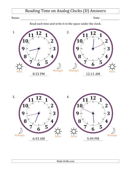 The Reading 12 Hour Time on Analog Clocks in 1 Minute Intervals (4 Large Clocks) (D) Math Worksheet Page 2