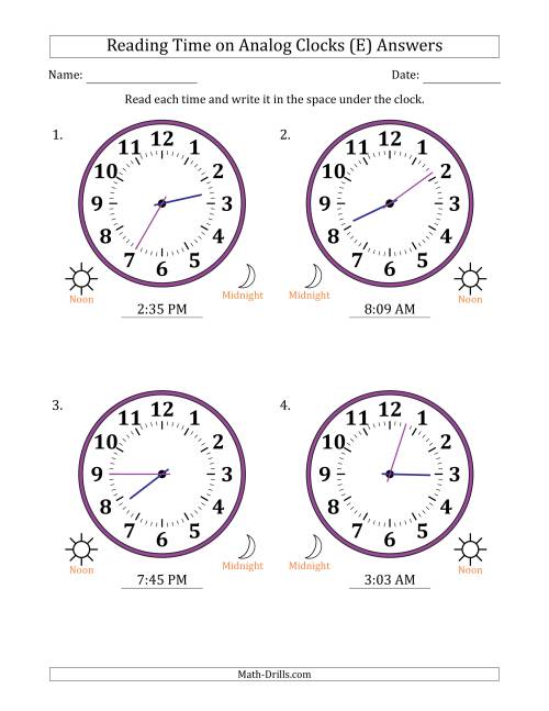 The Reading 12 Hour Time on Analog Clocks in 1 Minute Intervals (4 Large Clocks) (E) Math Worksheet Page 2