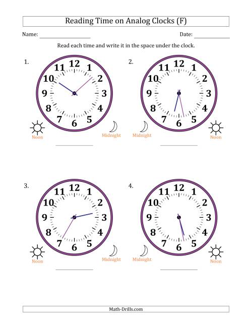 The Reading 12 Hour Time on Analog Clocks in 1 Minute Intervals (4 Large Clocks) (F) Math Worksheet