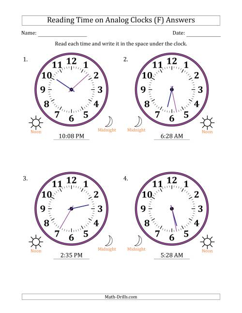 The Reading 12 Hour Time on Analog Clocks in 1 Minute Intervals (4 Large Clocks) (F) Math Worksheet Page 2