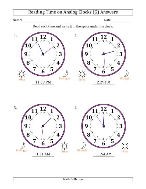 The Reading 12 Hour Time on Analog Clocks in 1 Minute Intervals (4 Large Clocks) (G) Math Worksheet Page 2