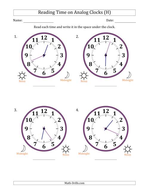 The Reading 12 Hour Time on Analog Clocks in 1 Minute Intervals (4 Large Clocks) (H) Math Worksheet