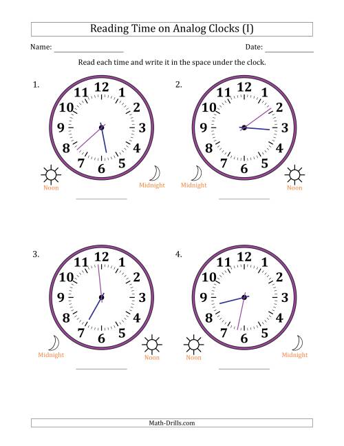The Reading 12 Hour Time on Analog Clocks in 1 Minute Intervals (4 Large Clocks) (I) Math Worksheet