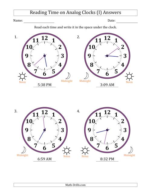 The Reading 12 Hour Time on Analog Clocks in 1 Minute Intervals (4 Large Clocks) (I) Math Worksheet Page 2