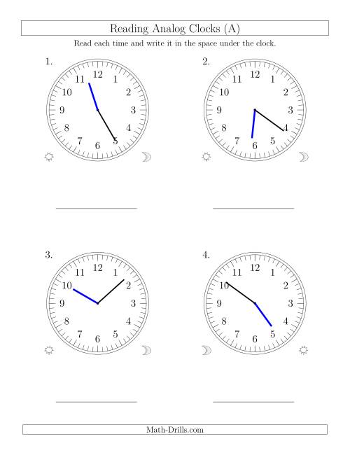 The Reading Time on 12 Hour Analog Clocks in 1 Minute Intervals (Large Clocks) (Old) Math Worksheet