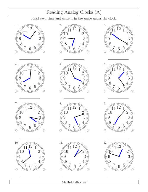 The Reading Time on 12 Hour Analog Clocks in 1 Minute Intervals (Old) Math Worksheet
