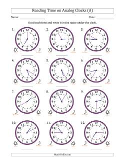 Reading 12 Hour Time on Analog Clocks in 5 Minute Intervals (12 Clocks)