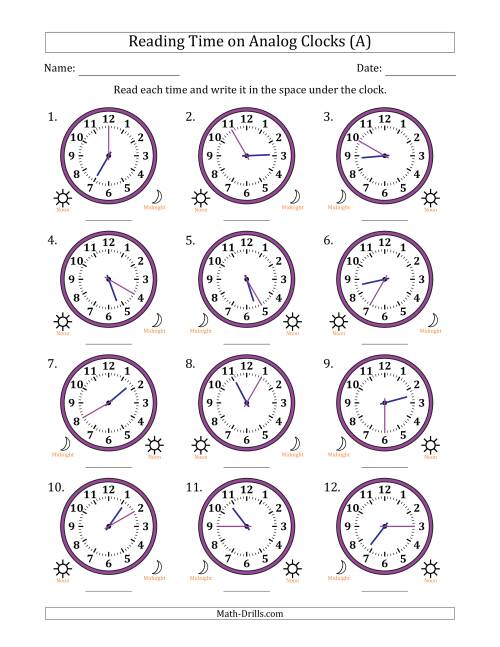 The Reading 12 Hour Time on Analog Clocks in 5 Minute Intervals (12 Clocks) (A) Math Worksheet