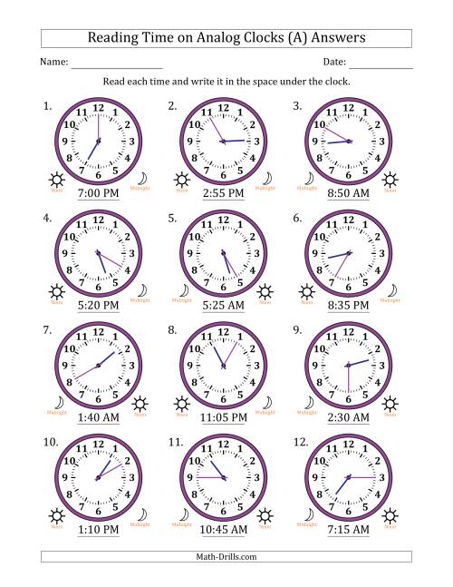 The Reading 12 Hour Time on Analog Clocks in 5 Minute Intervals (12 Clocks) (A) Math Worksheet Page 2