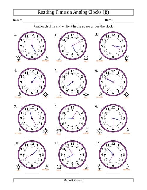 The Reading 12 Hour Time on Analog Clocks in 5 Minute Intervals (12 Clocks) (B) Math Worksheet