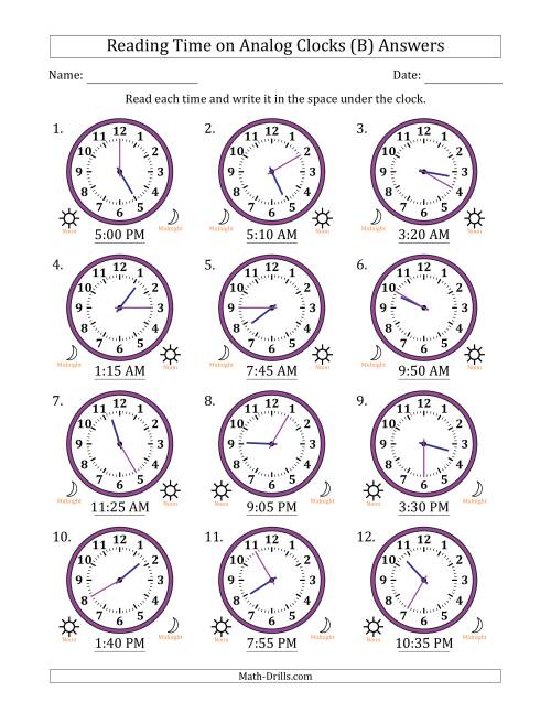 The Reading 12 Hour Time on Analog Clocks in 5 Minute Intervals (12 Clocks) (B) Math Worksheet Page 2