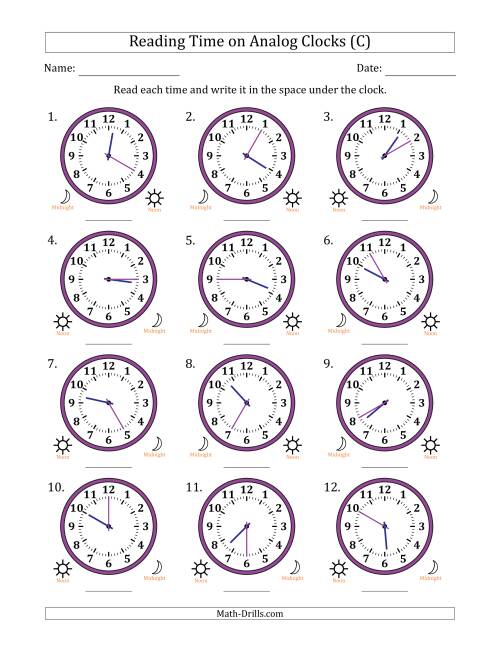 The Reading 12 Hour Time on Analog Clocks in 5 Minute Intervals (12 Clocks) (C) Math Worksheet