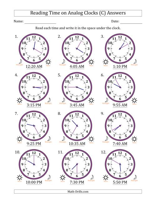 The Reading 12 Hour Time on Analog Clocks in 5 Minute Intervals (12 Clocks) (C) Math Worksheet Page 2