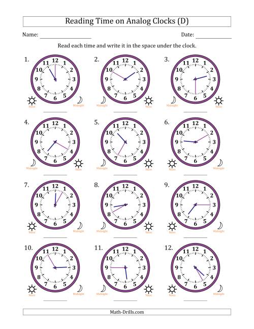 The Reading 12 Hour Time on Analog Clocks in 5 Minute Intervals (12 Clocks) (D) Math Worksheet