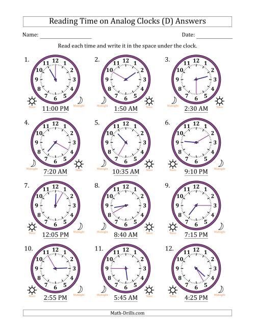 The Reading 12 Hour Time on Analog Clocks in 5 Minute Intervals (12 Clocks) (D) Math Worksheet Page 2