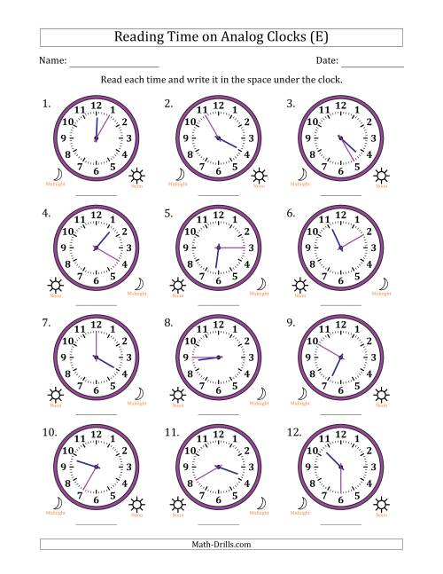 The Reading 12 Hour Time on Analog Clocks in 5 Minute Intervals (12 Clocks) (E) Math Worksheet