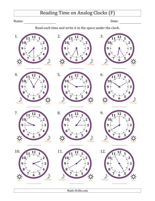 The Reading 12 Hour Time on Analog Clocks in 5 Minute Intervals (12 Clocks) (F) Math Worksheet