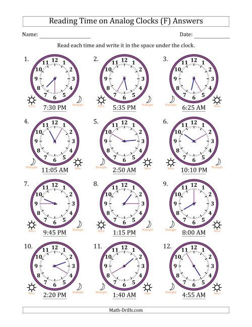 The Reading 12 Hour Time on Analog Clocks in 5 Minute Intervals (12 Clocks) (F) Math Worksheet Page 2