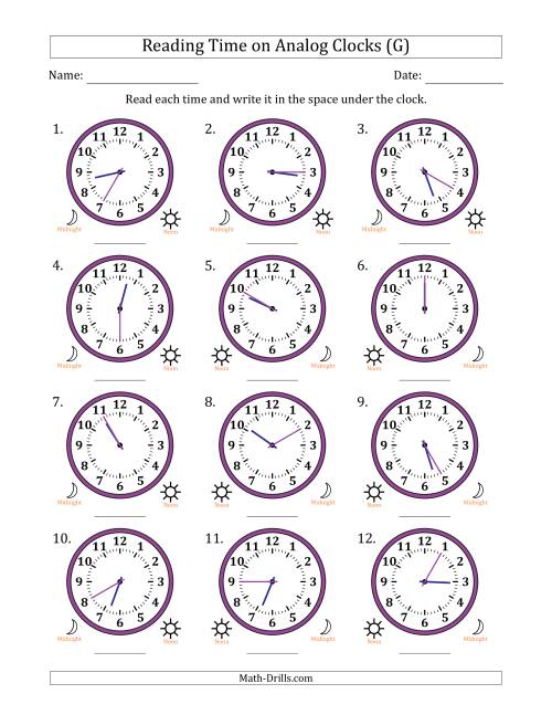 The Reading 12 Hour Time on Analog Clocks in 5 Minute Intervals (12 Clocks) (G) Math Worksheet