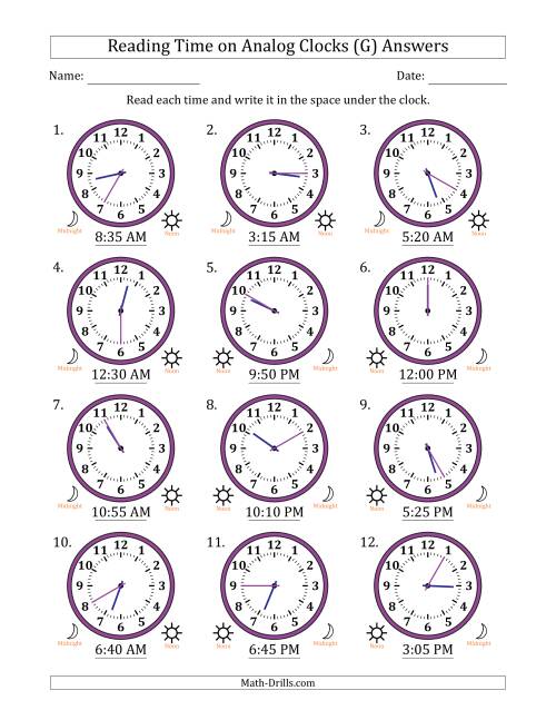 The Reading 12 Hour Time on Analog Clocks in 5 Minute Intervals (12 Clocks) (G) Math Worksheet Page 2