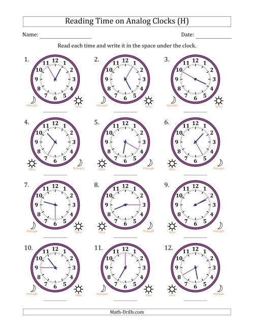 The Reading 12 Hour Time on Analog Clocks in 5 Minute Intervals (12 Clocks) (H) Math Worksheet