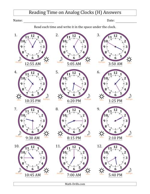 The Reading 12 Hour Time on Analog Clocks in 5 Minute Intervals (12 Clocks) (H) Math Worksheet Page 2