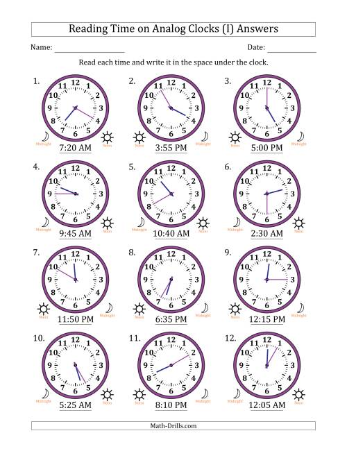 The Reading 12 Hour Time on Analog Clocks in 5 Minute Intervals (12 Clocks) (I) Math Worksheet Page 2