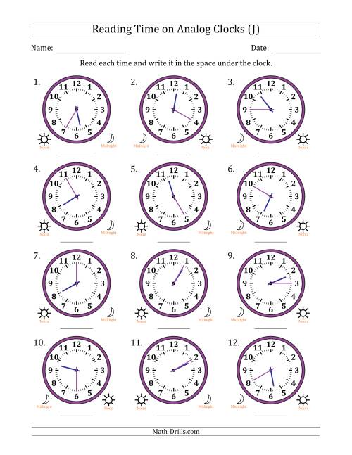 The Reading 12 Hour Time on Analog Clocks in 5 Minute Intervals (12 Clocks) (J) Math Worksheet