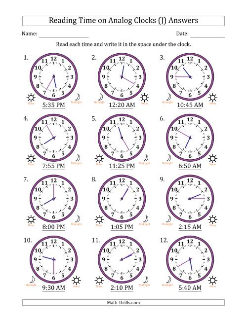 The Reading 12 Hour Time on Analog Clocks in 5 Minute Intervals (12 Clocks) (J) Math Worksheet Page 2