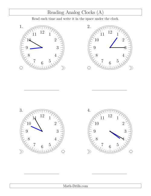 The Reading Time on 12 Hour Analog Clocks in 5 Minute Intervals (Large Clocks) (Old) Math Worksheet