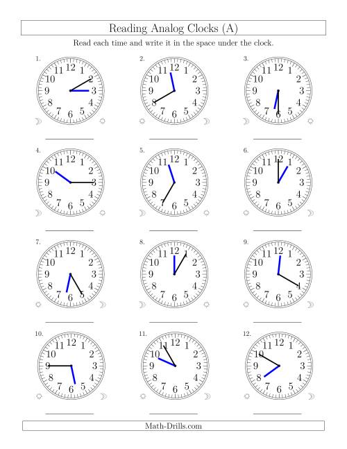 The Reading Time on 12 Hour Analog Clocks in 5 Minute Intervals (Old) Math Worksheet