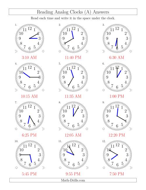 The Reading Time on 12 Hour Analog Clocks in 5 Minute Intervals (Old) Math Worksheet Page 2