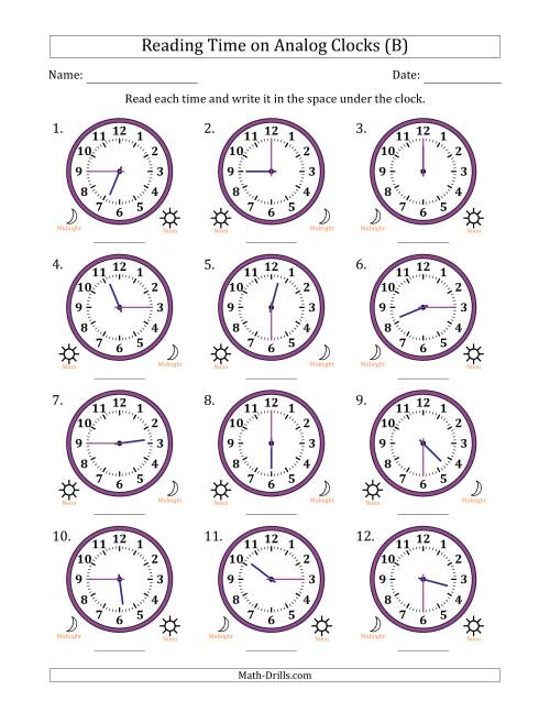 The Reading 12 Hour Time on Analog Clocks in 15 Minute Intervals (12 Clocks) (B) Math Worksheet